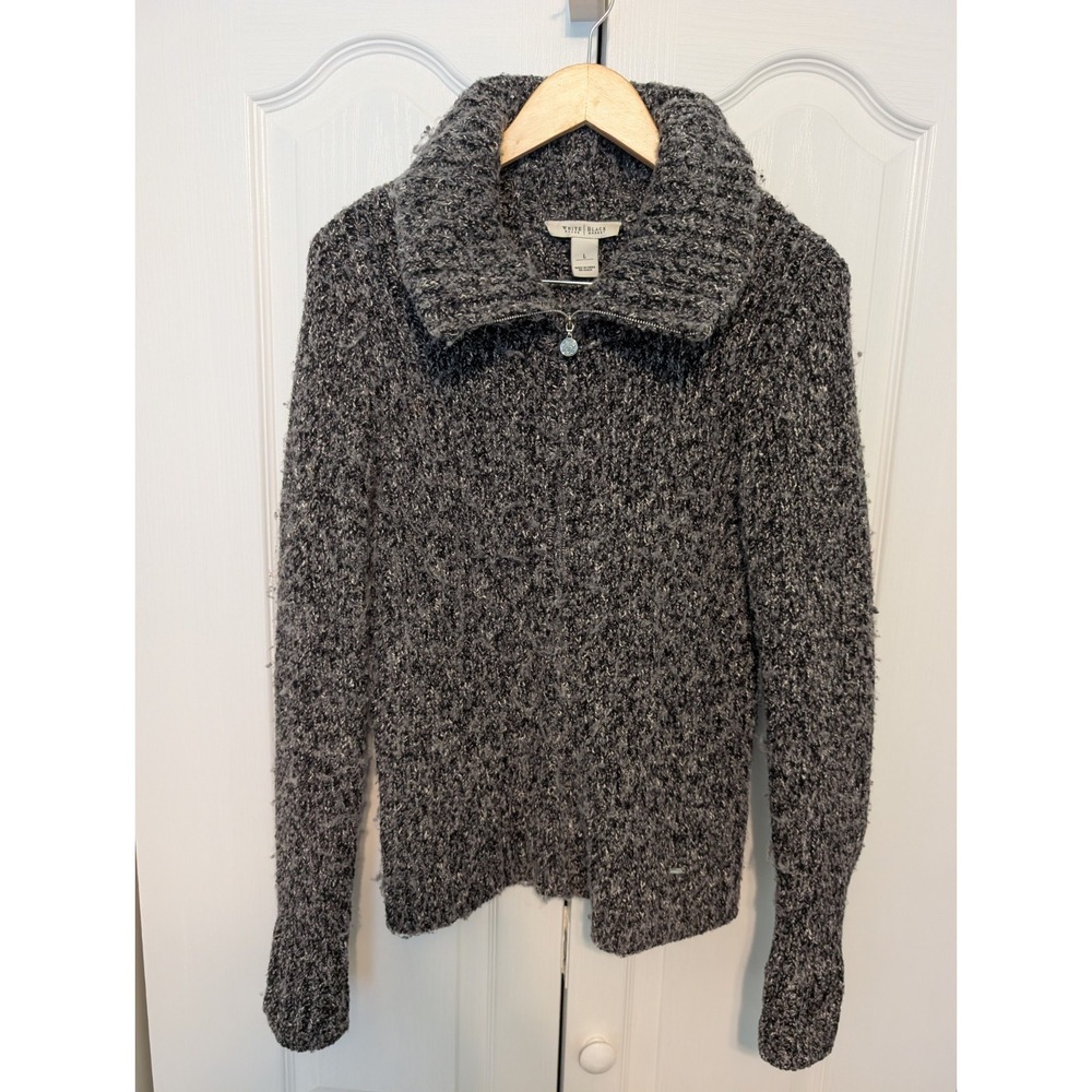 White House Black Market Black Knit Sweater Size L Full Zip